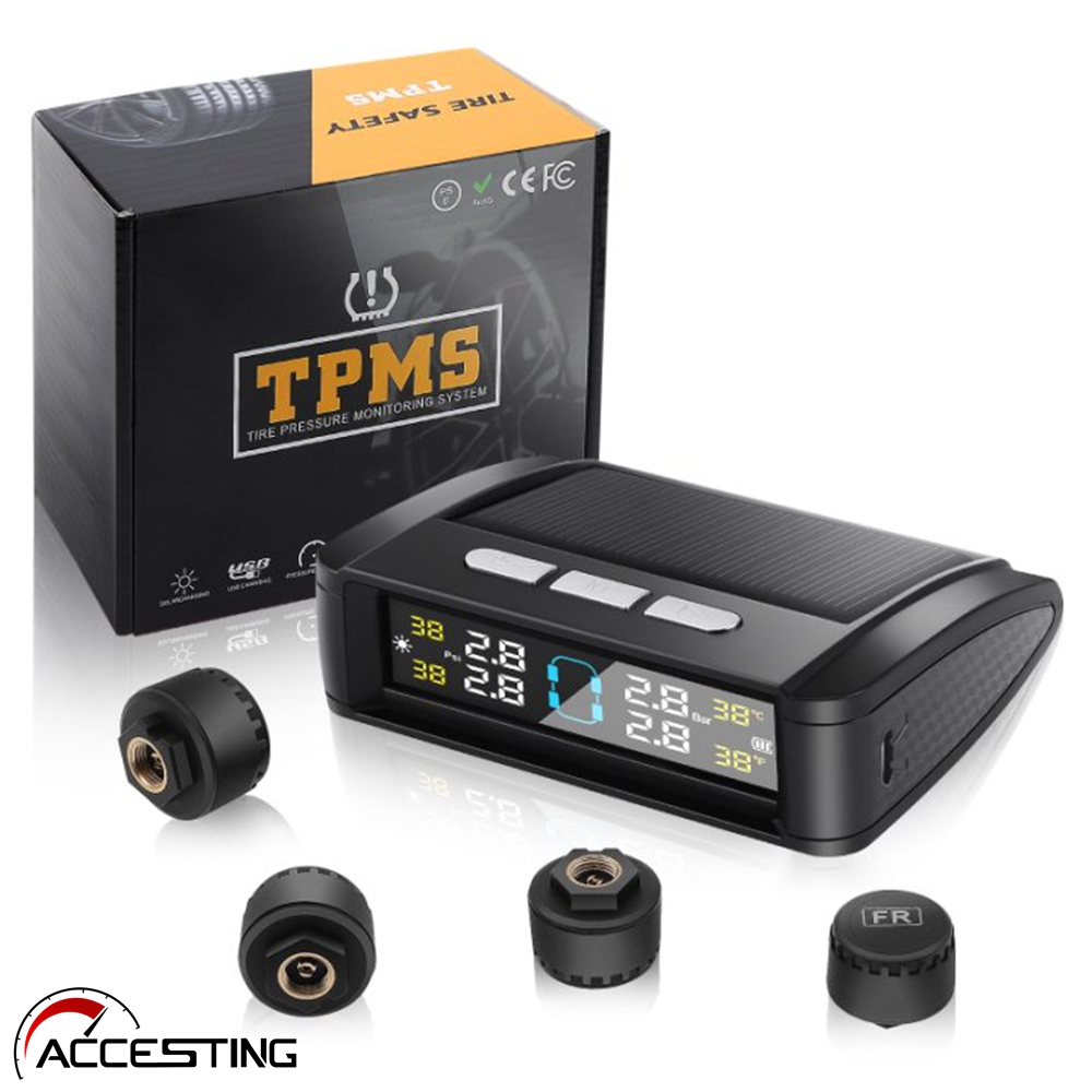 ใหม่ TPMS Universal ความดันยางนาฬิกาปลุกรถความดันยางการตรวจสอบแผงพลังงานแสงอาทิตย์ USB Charger สมาร์ทรถ 4 เซ็นเซอร์ภายนอกจอแสดงผล LCD