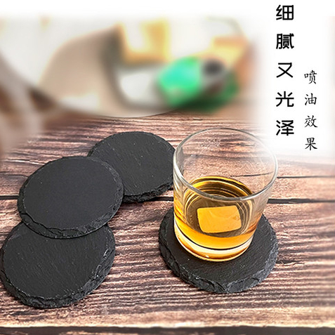 Thin Slate Gangsi Slate Black Round Frayed Coaster Slate Coaster