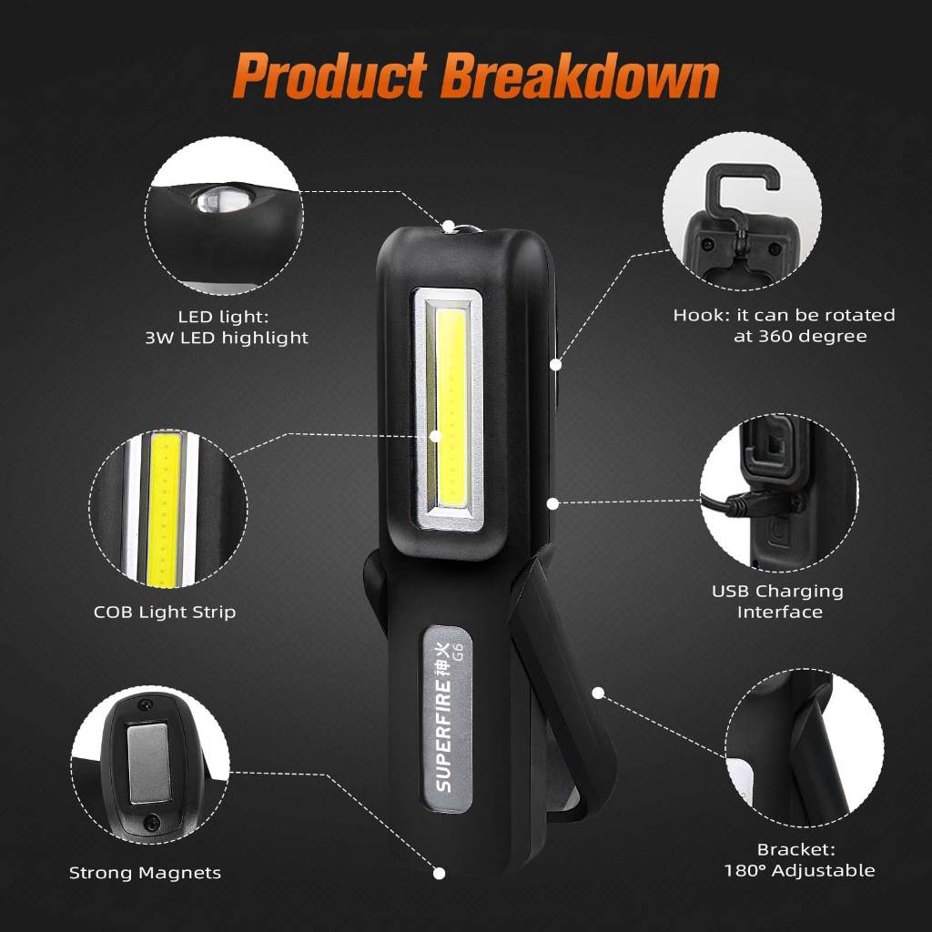 ไฟฉายแม่เหล็ก SUPERFIRE รุ่น G6/G12 LED และ COB ชาร์จ USB ได้ สำหรับงานกลางคืน ซ่อมรถ ไฟฉาย เกี่ยวกับมัลติฟังก์ชั่น — صورة 8