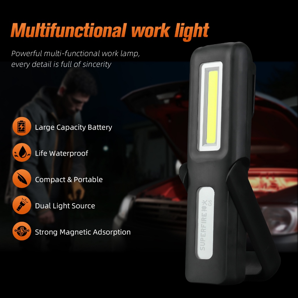 ไฟฉายแม่เหล็ก SUPERFIRE รุ่น G6/G12 LED และ COB ชาร์จ USB ได้ สำหรับงานกลางคืน ซ่อมรถ ไฟฉาย เกี่ยวกับมัลติฟังก์ชั่น — صورة 2