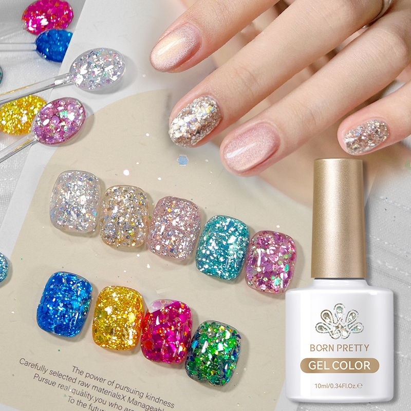 Born PRETTY Sequins Gel Polish Gold Silver กึ่งถาวร Base Top Coat Nails 10ml
