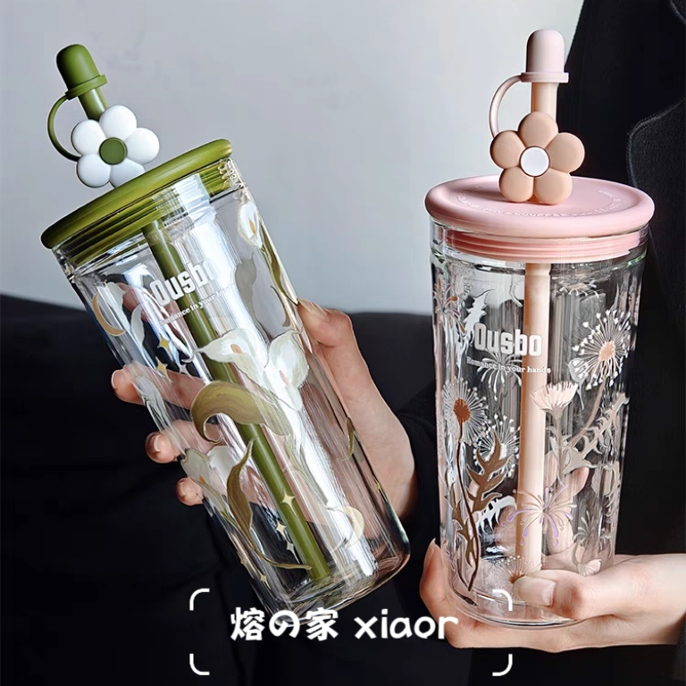 Ousbo Glass Water Bottle 750mL/720mL/600mL Double Walled Glass Cup with Lid Straw Cup Glass Tumbler 