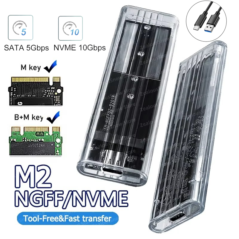 M.2 NVME PCIe NGFF SATA Dual Protocol SSD กรณี USB ใสประเภท C 10Gbps PCI-E M2 SSD โปร่งใสภายนอก Enclosure Hard Disk กล่อง