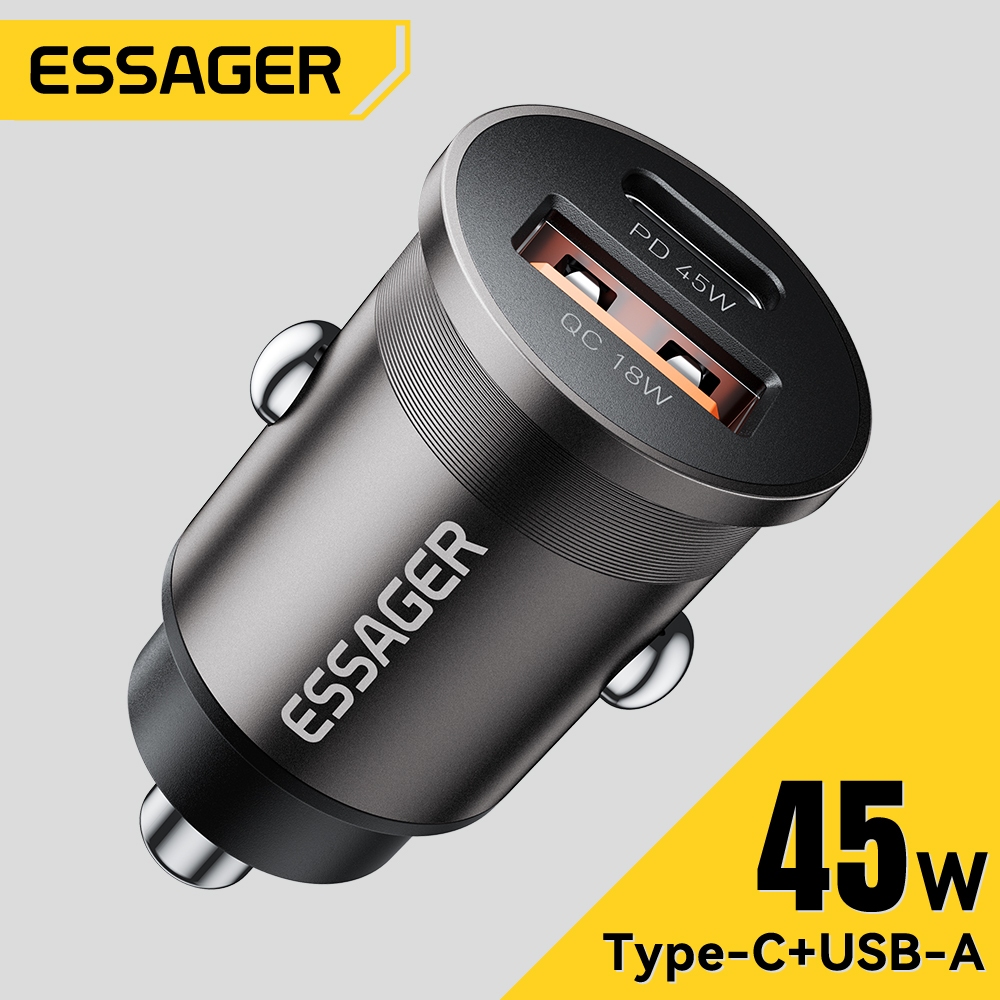 Essager Mini Car Charger 45W Fast USB Type C ชาร์จโทรศัพท์ในรถยนต์สําหรับ ip Android โทรศัพท์มือถือ