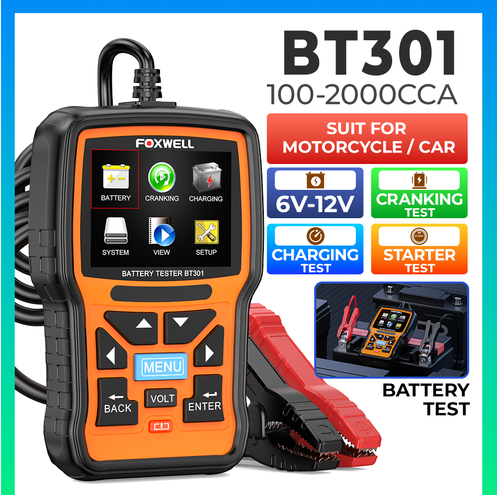Foxwell BT301 เครื่องทดสอบแบตเตอรี่รถยนต์ 6V 12V เครื่องทดสอบโหลดแบตเตอรี่รถยนต์, เครื่องวิเคราะห์แบตเตอรี่ดิจิตอล Crank ชาร์จระบบเครื่องทดสอบไดชาร์จ