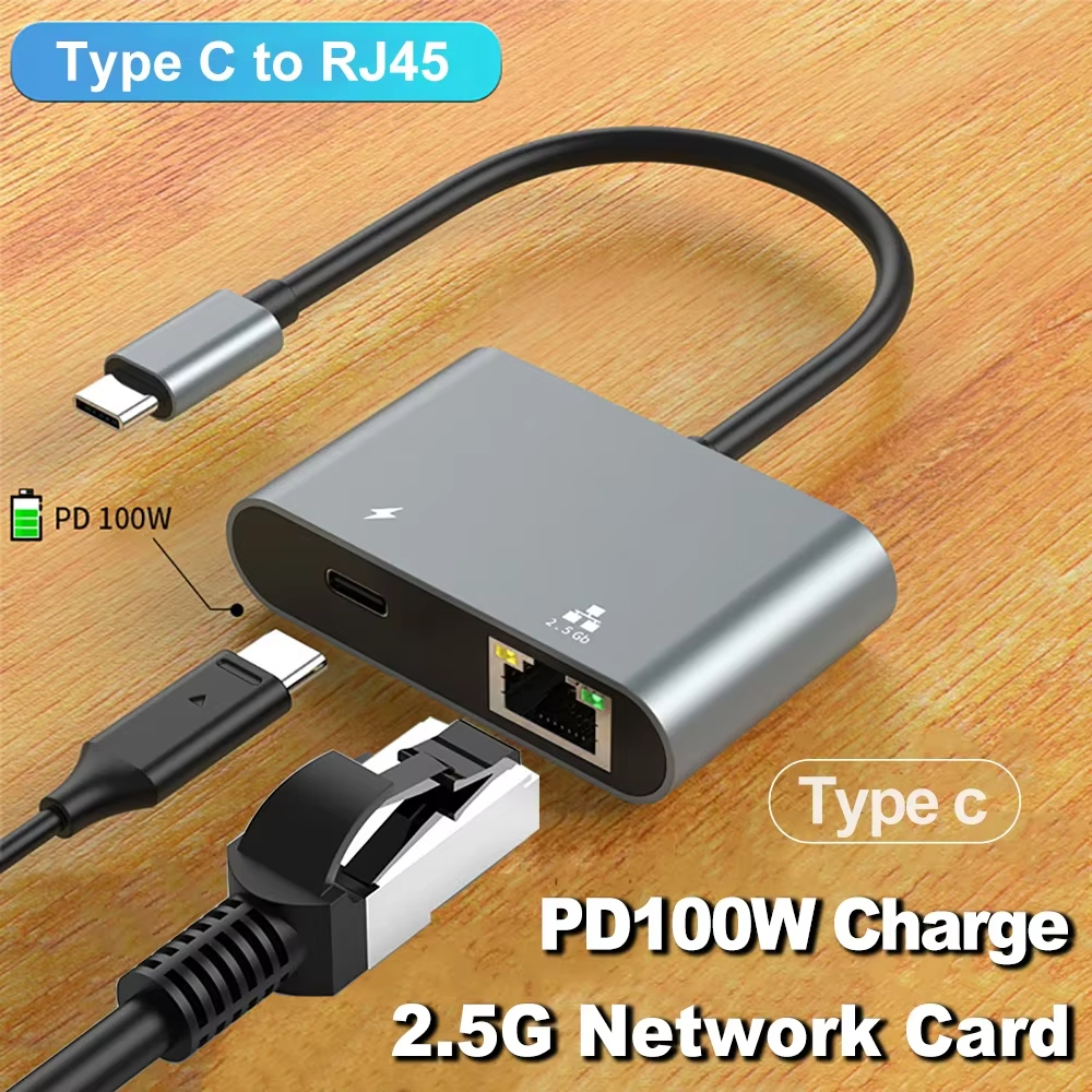 การ์ดเครือข่าย 2.5Gbps พร้อม PD 100W ชาร์จประเภท C ถึง RJ45 อะแดปเตอร์ LAN USB C 2.5G ภายนอก Ethernet Gigabit Converter สําหรับแล็ปท็อปพีซี