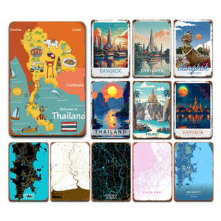 【ภาพวาดแผ่นเหล็ก】แผนที่ท่องเที่ยวสไตล์วินเทจ &สถาปัตยกรรมไทย…