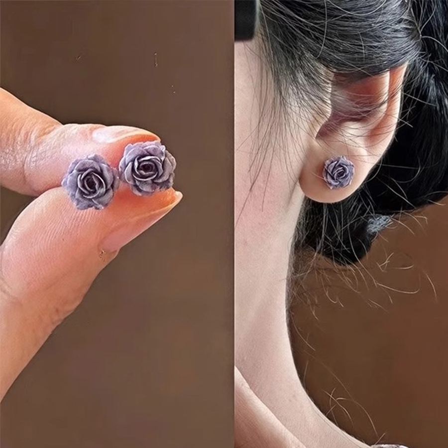 ต่างหูดอกกุหลาบสีม่วงขนาดเล็กประณีตอารมณ์ต่างหูระดับไฮเอนด์ฤดูใบไม้ผลิฤดูร้อนสไตล์ใหม่ต่างหู