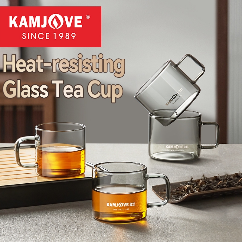 Kamjove 2025 ถ้วยน้ําแก้วทนความร้อนสไตล์ใหม่สีเทาโปร่งใสและคลาสสิกถ้วยชาโปร่งใสพร้อมที่จับ