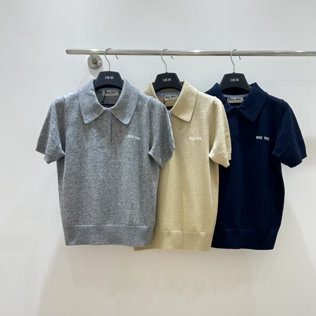 MIUMI * Style Lapel Plaid Patch Knit Short-Sleeved Top