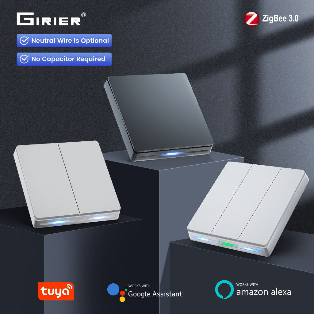 GIRIER ZigBee สวิตช์ผนัง Tuya สวิตช์ไฟปุ่มสมาร์ท 1/2/3/4 Gang ไม่มี Capator ต้องการสนับสนุน Neutra หรือไม่มีสายไฟเป็นกลางทํางานร่วมกับ Alexa Google Home