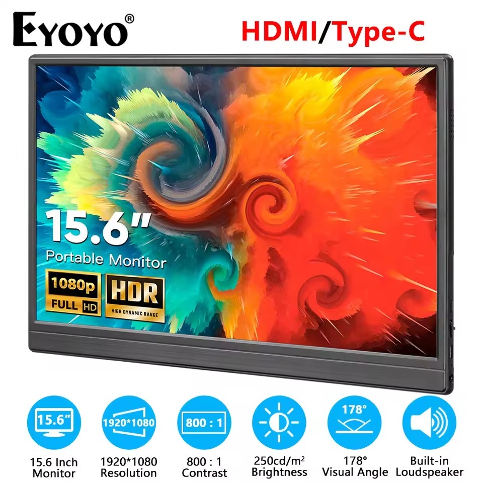 Eyoyo จอภาพแบบพกพา 15.6 นิ้ว FHD 1080P Monitor USB-C HDMI Gaming Monitor พร้อมฝาครอบสมาร์ทและลําโพงจ