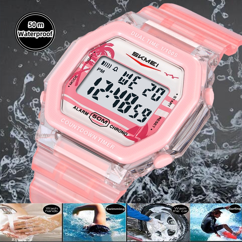 Skmei Mens นาฬิกาดิจิตอลวันที่สัปดาห์จอแสดงผลแฟชั่นสายรัด TPU กลับ 50M ว่ายน้ํากันน้ํา LED Dual Time