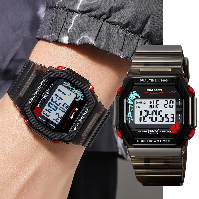 Skmei Mens นาฬิกาดิจิตอลวันที่สัปดาห์จอแสดงผลแฟชั่นสายรัด TPU กลับ 50M ว่ายน้ํากันน้ํา LED Dual Time