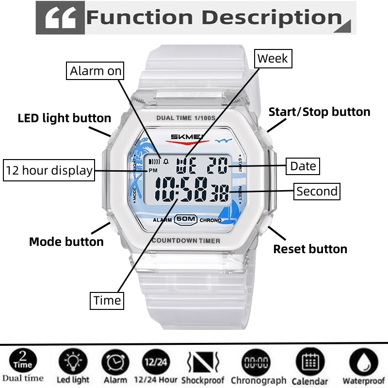 Skmei Mens นาฬิกาดิจิตอลวันที่สัปดาห์จอแสดงผลแฟชั่นสายรัด TPU กลับ 50M ว่ายน้ํากันน้ํา LED Dual Time