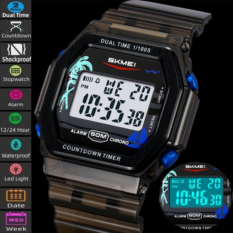Skmei Mens นาฬิกาดิจิตอลวันที่สัปดาห์จอแสดงผลแฟชั่นสายรัด TPU กลับ 50M ว่ายน้ํากันน้ํา LED Dual Time