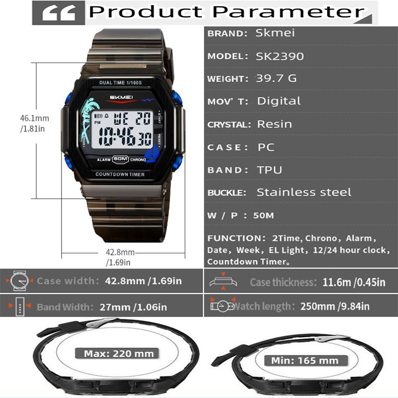 Skmei Mens นาฬิกาดิจิตอลวันที่สัปดาห์จอแสดงผลแฟชั่นสายรัด TPU กลับ 50M ว่ายน้ํากันน้ํา LED Dual Time