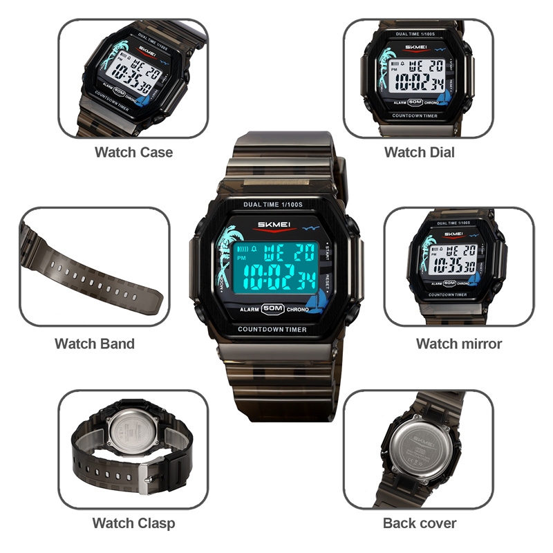 Skmei Mens นาฬิกาดิจิตอลวันที่สัปดาห์จอแสดงผลแฟชั่นสายรัด TPU กลับ 50M ว่ายน้ํากันน้ํา LED Dual Time