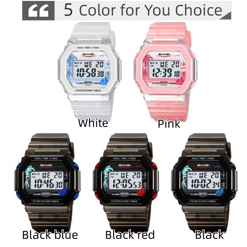 Skmei Mens นาฬิกาดิจิตอลวันที่สัปดาห์จอแสดงผลแฟชั่นสายรัด TPU กลับ 50M ว่ายน้ํากันน้ํา LED Dual Time