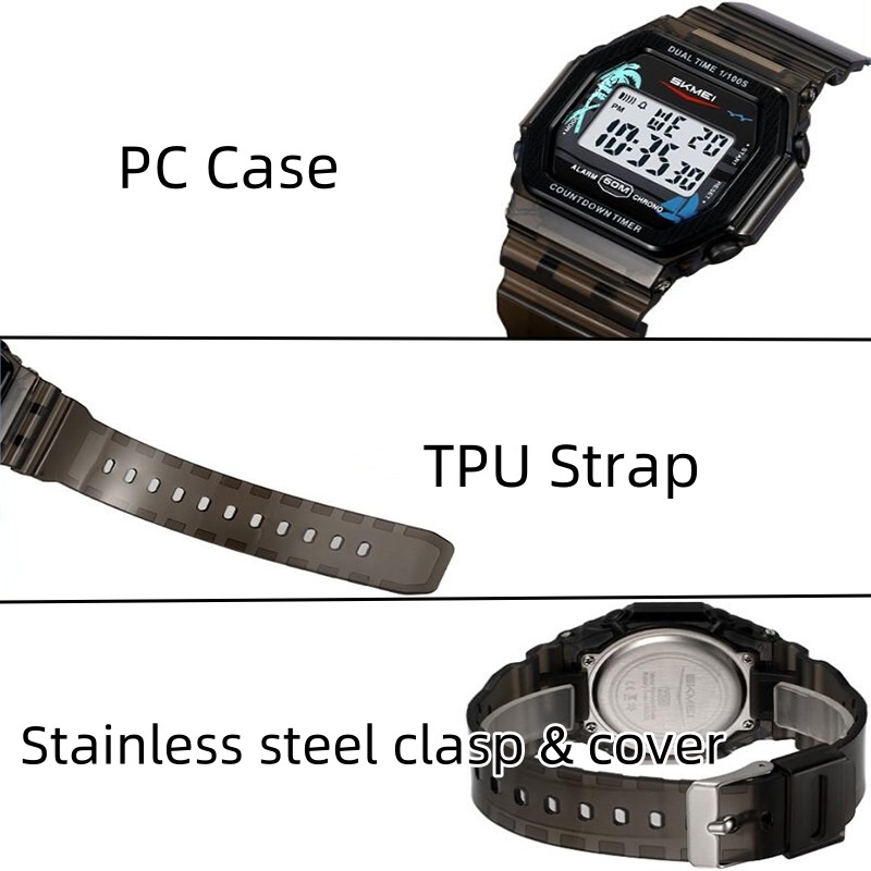 Skmei Mens นาฬิกาดิจิตอลวันที่สัปดาห์จอแสดงผลแฟชั่นสายรัด TPU กลับ 50M ว่ายน้ํากันน้ํา LED Dual Time