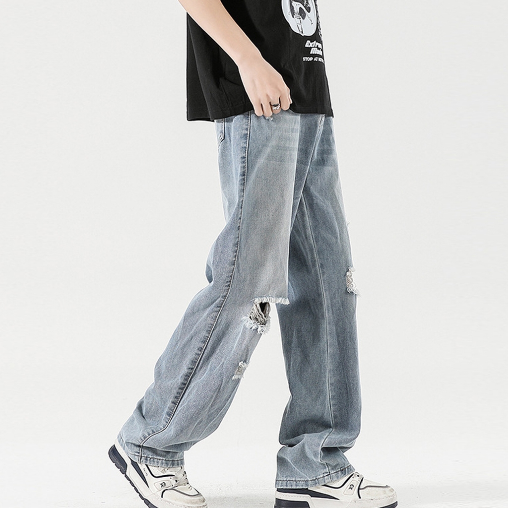 CoolChgกางเกงยีนส์ลายขาด แมตช์ได้กับทุกชุด ใส่สบาย กางเกงยีนส์ลายขาด จัดส่งรวดเร็ว คู่รักรุ่นเดียวกัน สุดฮิตแฟชั่น จัดส่งในกรุงเทพฯ M-3XL ใส่สบาย มีหลายขนา ระบายอากาศดี เอวสูงสบาย แฟชั่น สไตล์เกาหลี คล่องแคล่วและสบายสบาย Clothing Man ตาราง Jeans