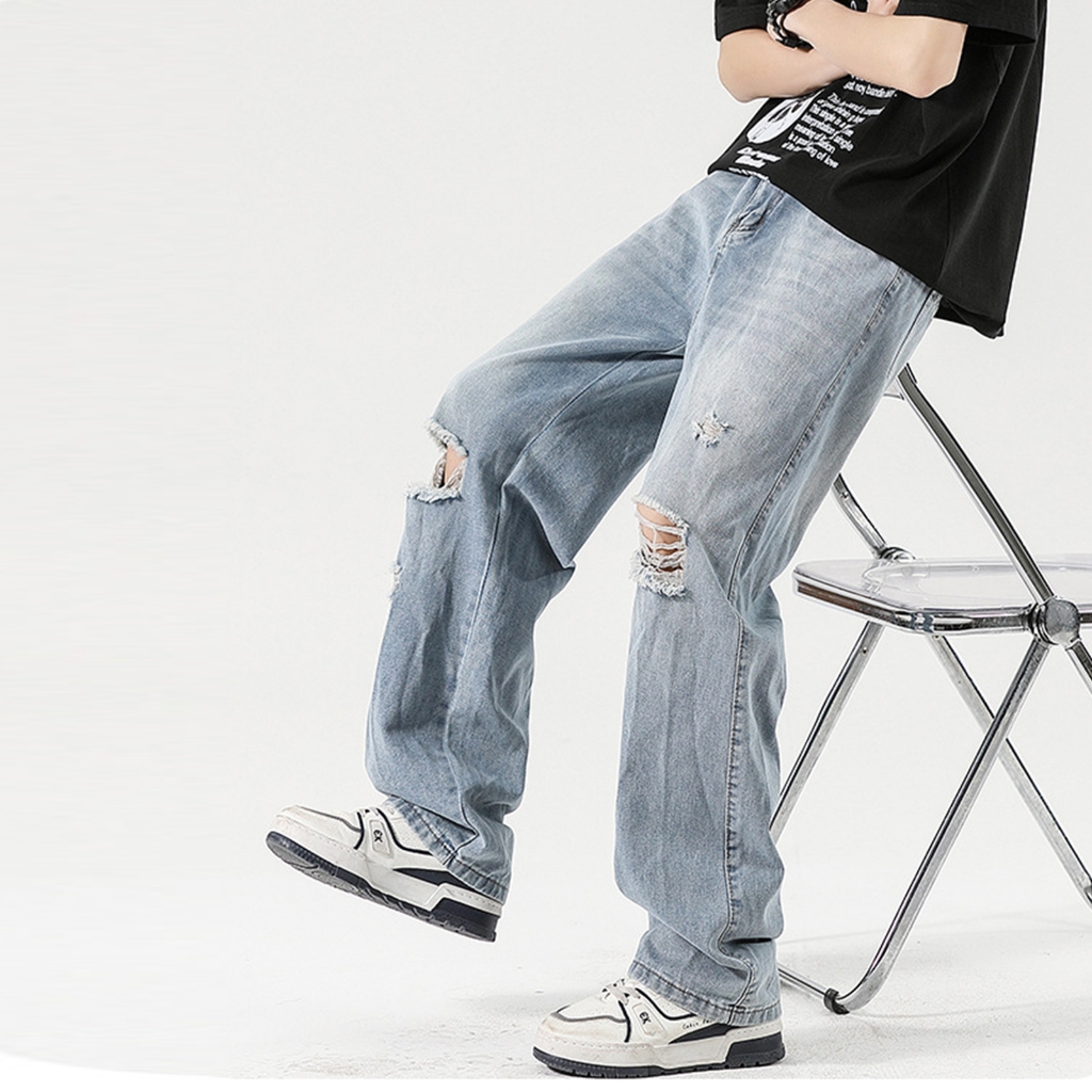 CoolChgกางเกงยีนส์ลายขาด แมตช์ได้กับทุกชุด ใส่สบาย กางเกงยีนส์ลายขาด จัดส่งรวดเร็ว คู่รักรุ่นเดียวกัน สุดฮิตแฟชั่น จัดส่งในกรุงเทพฯ M-3XL ใส่สบาย มีหลายขนา ระบายอากาศดี เอวสูงสบาย แฟชั่น สไตล์เกาหลี คล่องแคล่วและสบายสบาย Clothing Man ตาราง Jeans