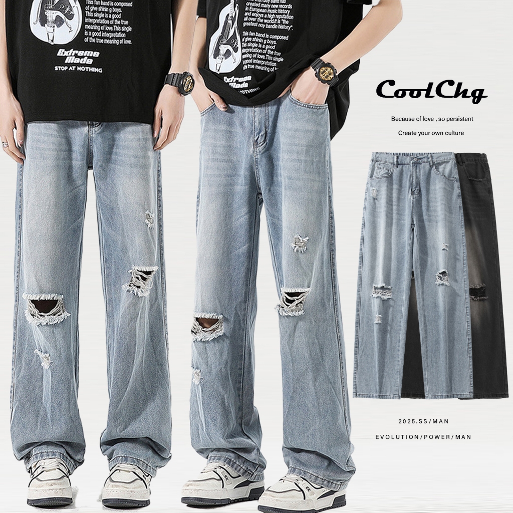 CoolChgกางเกงยีนส์ลายขาด แมตช์ได้กับทุกชุด ใส่สบาย กางเกงยีนส์ลายขาด จัดส่งรวดเร็ว คู่รักรุ่นเดียวกัน สุดฮิตแฟชั่น จัดส่งในกรุงเทพฯ M-3XL ใส่สบาย มีหลายขนา ระบายอากาศดี เอวสูงสบาย แฟชั่น สไตล์เกาหลี คล่องแคล่วและสบายสบาย Clothing Man ตาราง Jeans