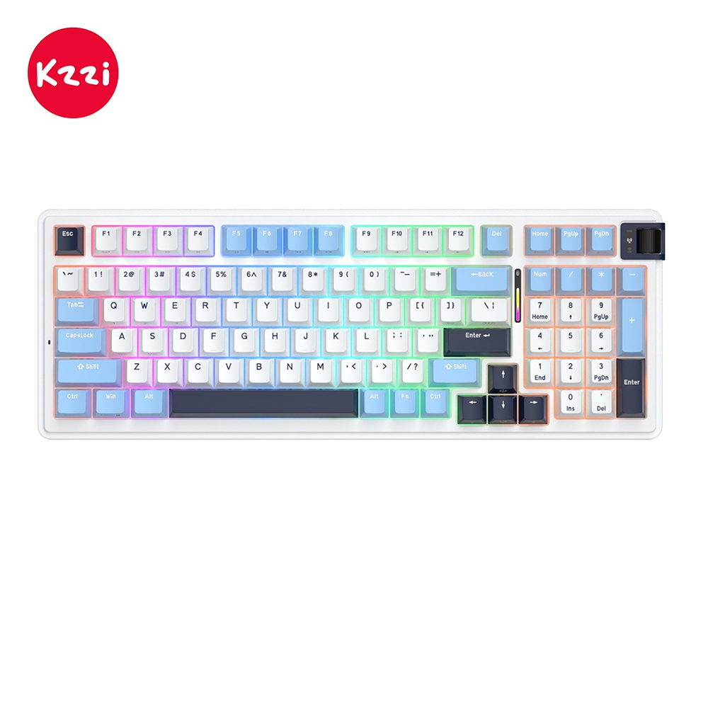 Kzzi Kezhi K98 Polar White 98 Key ปะเก็นโครงสร้างสามโหมดบลูทูธไร้สายพร้อม Roller RGB คีย์บอร์ดเกม