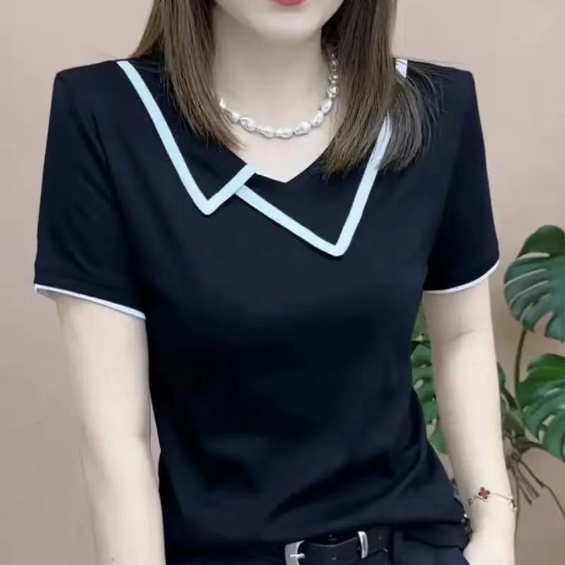 ใหม่ผู้หญิงเสื้อเสื้อแขนสั้น V คอแคบ-เอวไม่สมมาตร