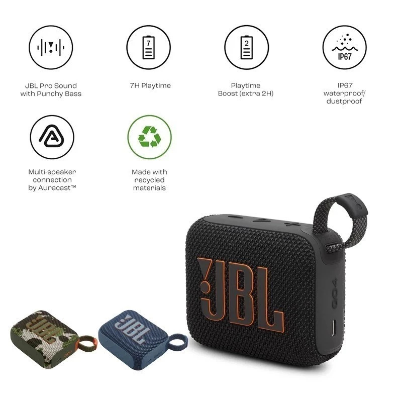 JBL GO 4 ลำโพงบลูทูธพกพา กันน้ำ IP67【Pro Sound + Bluetooth 5.3】แบตฯ 10ชั่วโมง พกพาง่าย | สำหรับสระว่ายน้ำ เดินป่า ท่องเที่ยว