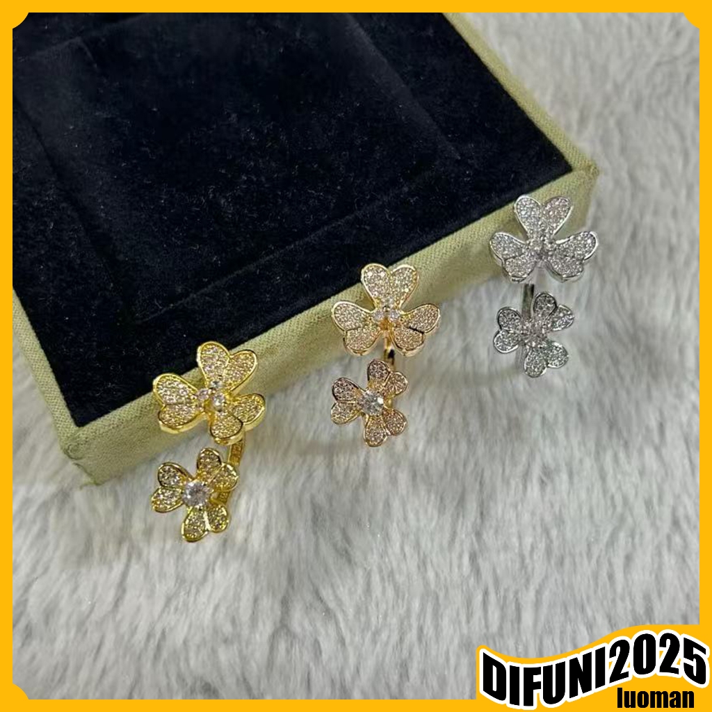Vac ดอกไม้คู่เพชรเต็มโคลเวอร์สี่ใบสุภาพสตรีเปิดแหวน