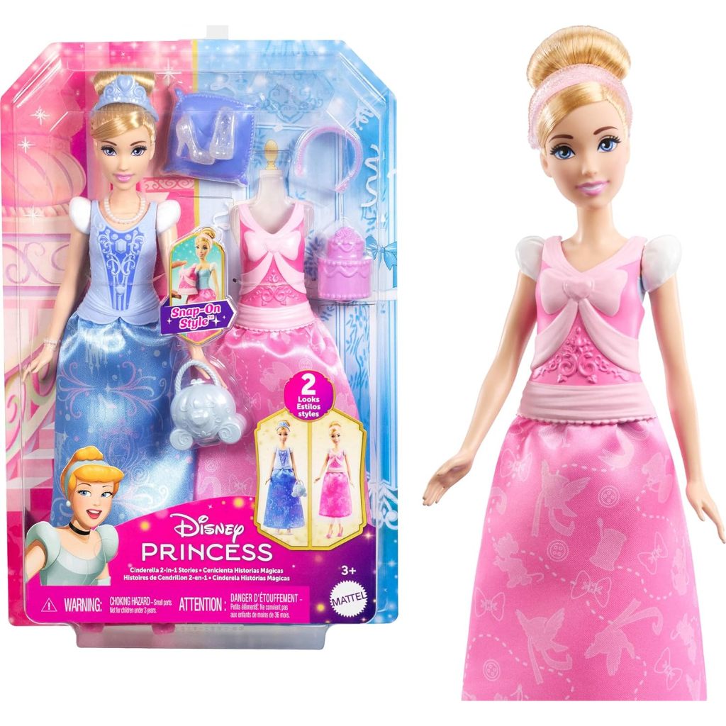 Mattel Disney Princess Toys, Cinderella Fashion Doll with 2 Looks, 9 Accessories, Bodices 2 Snap-in-