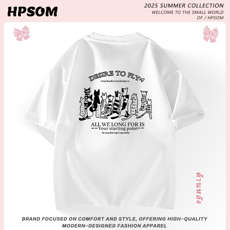 จัดส่งทันที  Hpsom เสื้อยืดผ้าฝ้าย – ลายแมวสไตล์เกาหลี, เสื้อยืดไซส์ใหญ่, เสื้อยืดทรงหลวม, แบบผู้หญิง