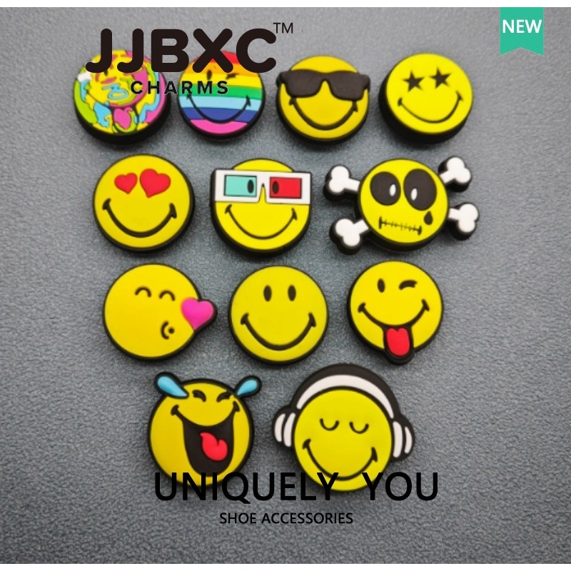 JJBXC ตัวติดรองเท้า charm การ์ตูนหน้ายิ้ม อิโมจิน่ารัก แบบแพ็ค คิ้วท์ สดใส ติดง่าย เพิ่มสไตล์ อุปกรณ์ตกแต่งรองเท้า