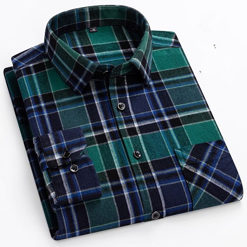 ลําลองผ้าฝ้าย 100% แขนยาวบวกขนาดใหญ่ลายสก๊อตสักหลาดผู้ชายเสื้อ