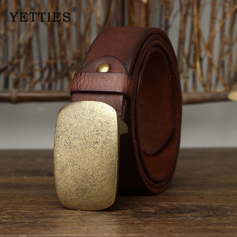 YETTIES 3.8เซนติเมตรธรรมชาติหนาเข็มขัดหนังแท้เรียบหัวเข็มขัดทองแดงผู้ชายวินเทจเข็มขัดสําหรับกางเกงยีนส์สบายๆ