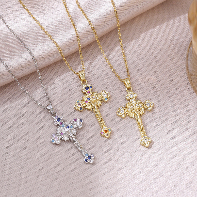 Vintage Jesus Christian Cross จี้สร้อยคอ - Cubic Zirconia Micro-Inlaid Faith เครื่องประดับสําหรับผู้หญิง, Lockbone Chain ในหลายสี/ทอง/เงิน