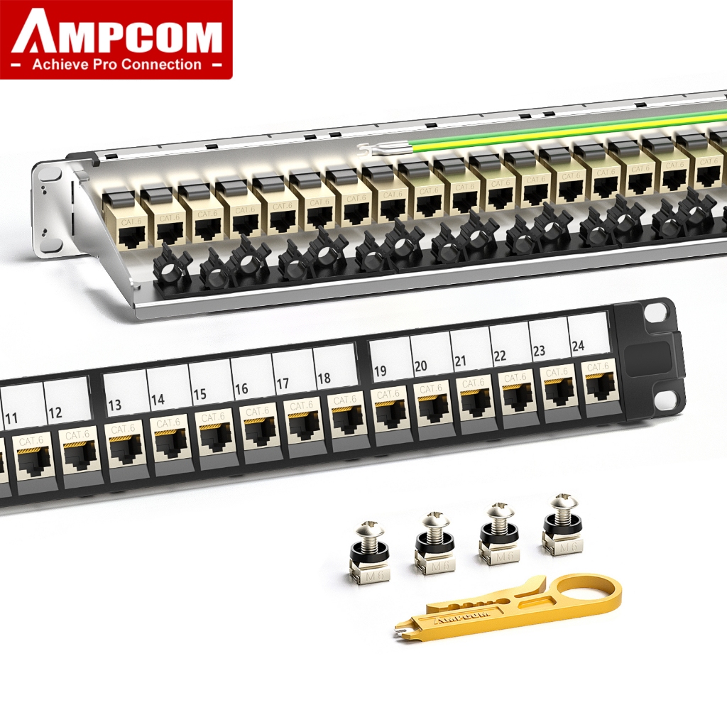 AMPCOM 1U 24-Port Keystone Patch Panel, STP แบบยึดกับแร็คพร้อมบาร์จัดระเบียบสายเคเบิลด้านหลัง, โหลดเต็ม 24 ชิ้น หัวต่อ Keystone CAT6/CAT7 แบบ Shielded Pass-Through
