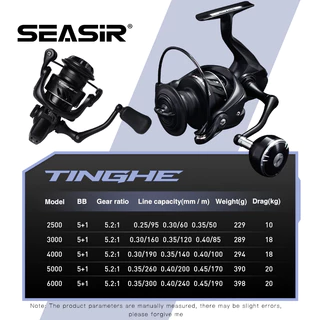 Seasir TINGHE Spinning Reel 5 + 1BB 2000-6000 Series ลากสูงสุด 20KG 5.2:1 Seawater-Proof อลูมิเนียม Power Handle คุณภาพสูงน้ําหนักเบาตกปลา Coil