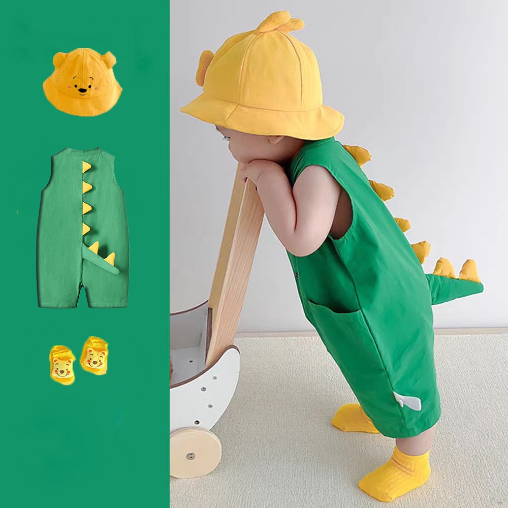 3 ชิ้น-ทารกแรกเกิดเด็กทารกเสื้อผ้าเด็กทารกแฟชั่นน่ารักไดโนเสาร์สไตล์ ชุดจั๊มสูท ฤดูร้อนแขนสั้นผ้าฝ้ายเสื้อผ้า