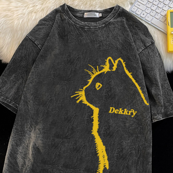 เสื้อยืดคอกลมแขนสั้น สไตล์วินเทจล้างฟอก ลวดลายแมว ผ้าฝ้าย 100% ทรงหลวม ใส่สบาย ไม่ต้องรีด YG1207