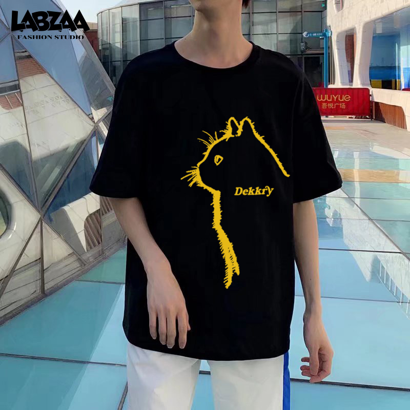 เสื้อยืดคอกลมแขนสั้น สไตล์วินเทจล้างฟอก ลวดลายแมว ผ้าฝ้าย 100% ทรงหลวม ใส่สบาย ไม่ต้องรีด YG1207