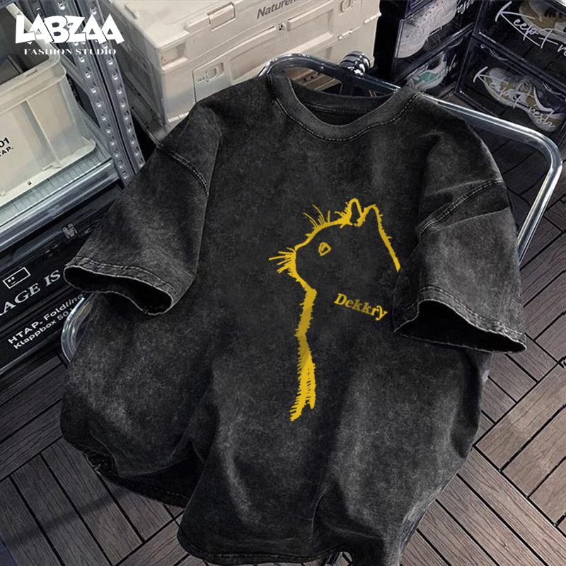 เสื้อยืดคอกลมแขนสั้น สไตล์วินเทจล้างฟอก ลวดลายแมว ผ้าฝ้าย 100% ทรงหลวม ใส่สบาย ไม่ต้องรีด YG1207