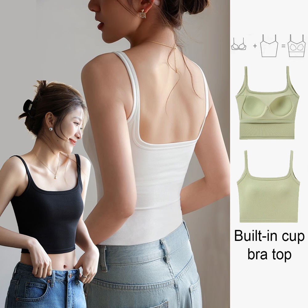 [Queen Secret] เสื้อครอปเบสิคคอยูวินเทจพร้อมแผ่นรองหน้าอกเสื้อตัวสั้นหลังใหญ่ของผู้หญิง