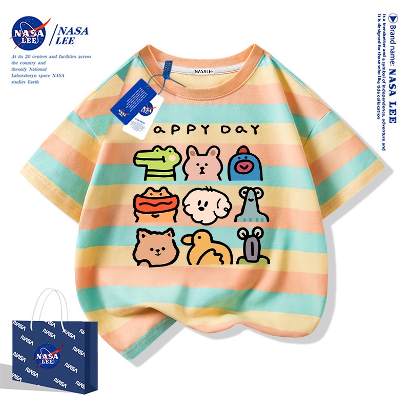 NASA เสื้อยืดแขนสั้นผ้าคอตตอนลายทางสีเหลืองน้ำเงินสำหรับเด็ก ลายการ์ตูนน่ารัก รุ่นใหม่ 2025 สำหรับเด็กผู้ชายและผู้หญิง เสื้อผ้าสไตล์แฟชั่นสบายๆ สำหรับฤดูร้อน