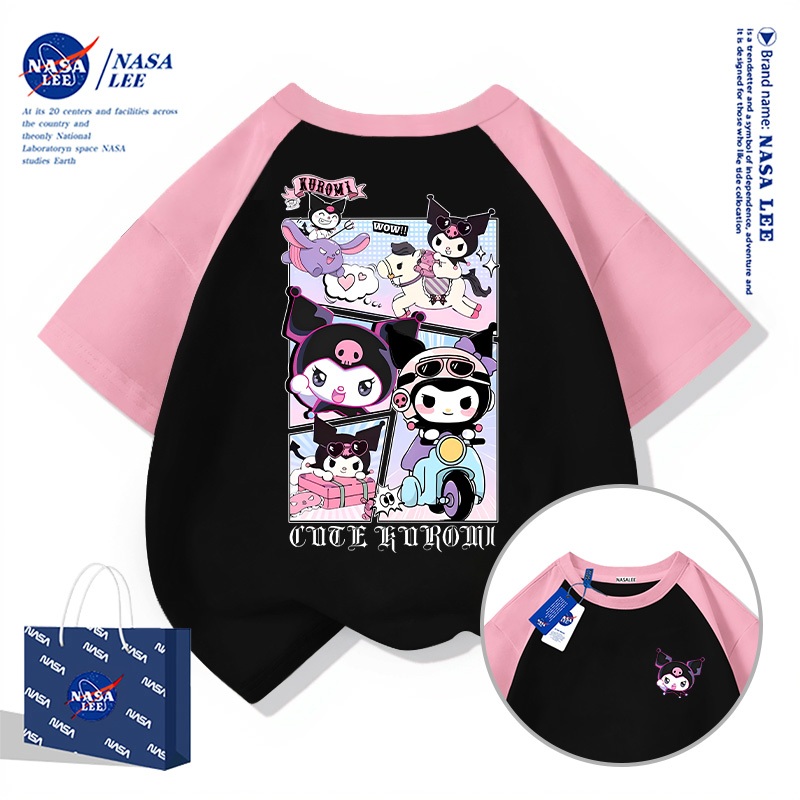 NASA เสื้อยืดแขนสั้นผ้าคอตตอนสีชมพูดำสำหรับเด็กผู้หญิง ลายคุโระมิ รุ่นใหม่ 2025 เสื้อผ้าสไตล์แฟชั่นสบายๆ สำหรับฤดูร้อน