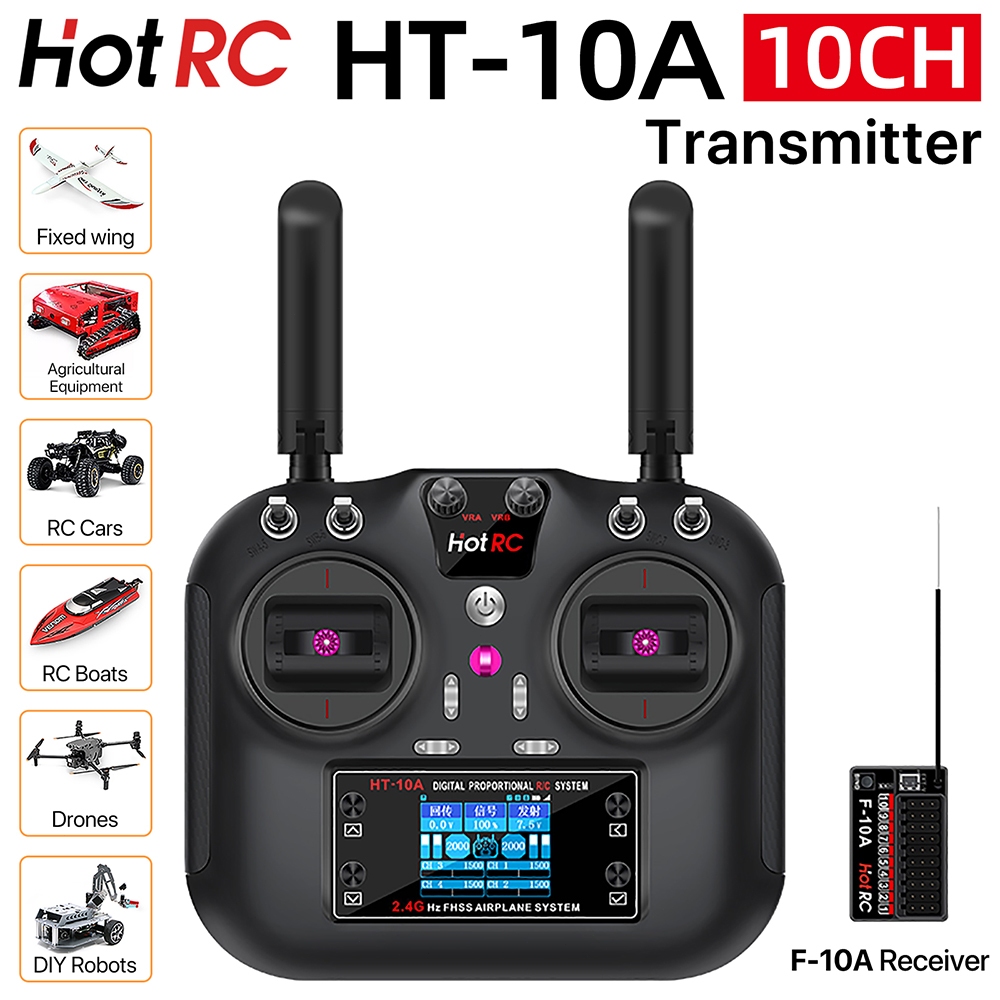 Hotrc HT-10A RC เครื่องส่งสัญญาณ 10CH 2.4G 1.7 นิ้วหน้าจอ F-10A ตัวรับสัญญาณสําหรับเครื่องบินรุ่น RC
