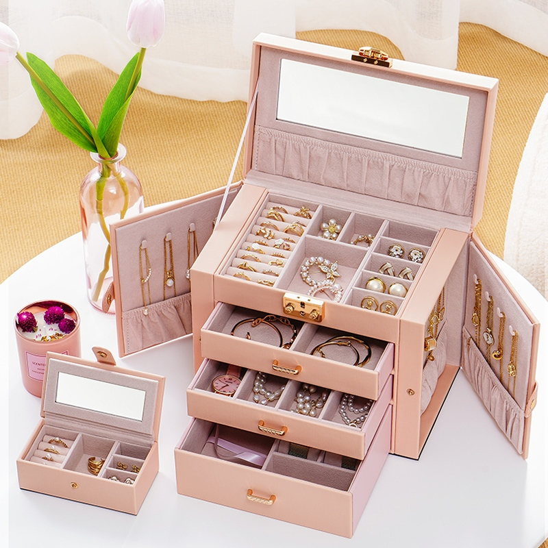 Casegrace กล่องเครื่องประดับสําหรับผู้หญิงสาวที่มีกระเป๋าเดินทางขนาดเล็กกระจกสร้อยคอแหวนต่างหู Organizer สีขาวลายไม้