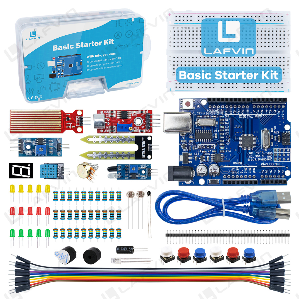 LAFVIN UNO R3 Basic Starter Kit สำหรับ Arduino (พร้อมบทช่วยสอน/โค้ด) + เขียงหั่นขนม + โมดูลหลีกเลี่ยงสิ่งกีดขวาง