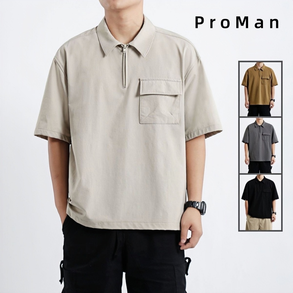 ProMan-แขนสั้นคอปกสีล้วนสำหรับผู้ชาย  เสื้อโปโล  เรียบง่าย  ซิป  เสื้อเย็บกระเป๋า  แบบหลวม